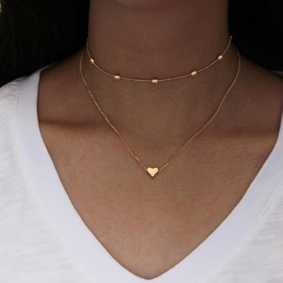 2 Layer Heart Chain Necklace Choker - Picture 2 of 4
